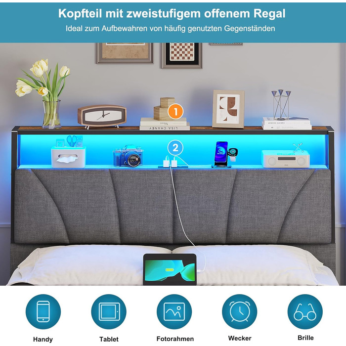 Ліжко 140x200 з металевою рейковою основою, каркас ліжка 140x200 см зі світлодіодним підсвічуванням, металеве ліжко 140x200 з узголів&39ям та зарядною станцією (2 розетки змінного струму та 2 порти USB), дитяче ліжко, двоспальне ліжко, сірий колір, сірий 