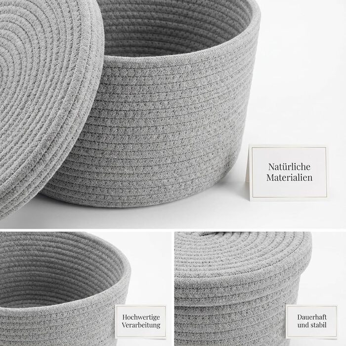 Плетені кошики з кришками, кошики для зберігання у ванній кімнаті, круглий кошик з кришкою, кошик для зберігання з кришкою, плетені кошики для зберігання (сірі)