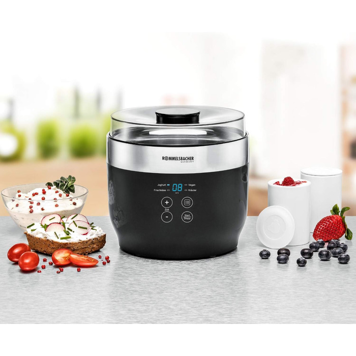 Йогуртниця ROMMELSBACHER JG 80 'Jona', у комплекті 4 керамічні порційні чашки по 125 мл, 2 скляні ємності XXL по 1,2 л, 4 попередн