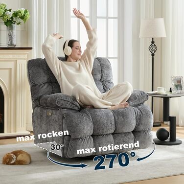 Крісло-гойдалка з функцією відкидання та гойдання, надзвичайно велике електричне крісло для телевізора, надзвичайно широке поворотне крісло-гойдалка, електрично регульований кут нахилу 90-140, порти USB та Type-C, сірий