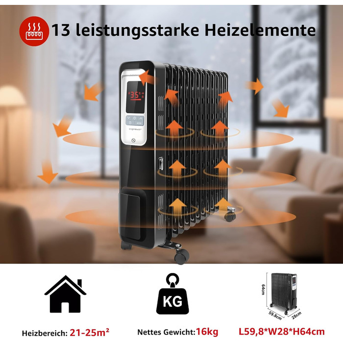 Енергозберігаючий масляний радіатор потужністю 2500 Вт, електричний РК-обігрівач з 13 ребрами, 4 режими нагріву, термостат, пульт дистанційного керування, захист від перегріву, електричний радіаторний обігрівач, 33JHH -