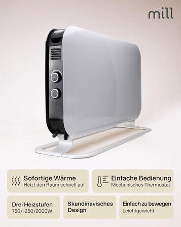 Електричний радіатор Mill 2000 Вт, Електричний конвекторний обігрівач 24-28 м, Окремостоячий електричний обігрівач, Тихий електричний обігрівач, Електричний радіатор з термостатом, Електричний обігрівач для використання в приміщенні, Білий, 24-28 м MEC