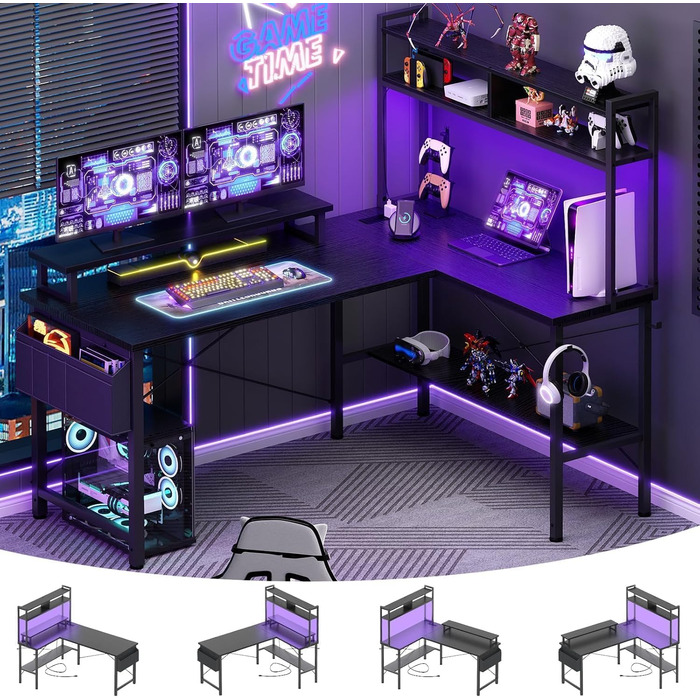 Г-подібний ігровий стіл з розетками та світлодіодним підсвічуванням, невеликий Г-подібний стіл, кутовий комп&39ютерний стіл з підставкою для монітора та полицею, з сумкою для зберігання, чорний