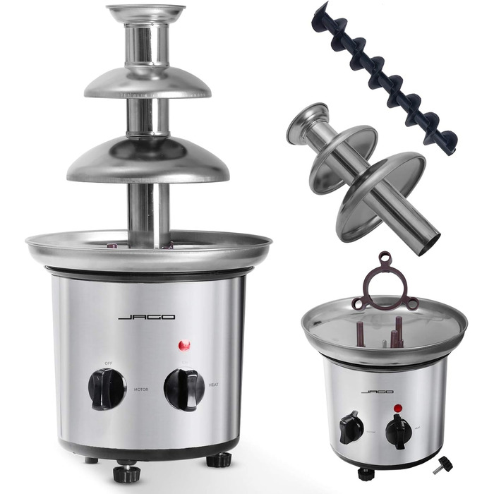 Шоколадний фонтан Jago 275W - 3 рівня, місткість 1 кг шоколад, нержавіюча сталь, можна мити в посудомийній машині, срібло - шоколадний фонтан, шоколадне фондю, шоколадне фондю, шоколадний фонтан