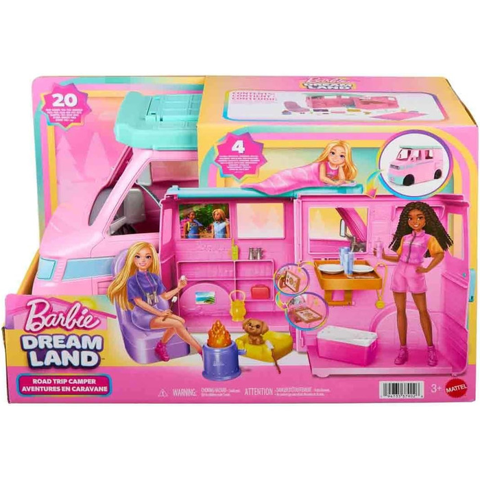 Ігровий набір Barbie Dreamland Road Adventure кемпер з 4 ігровими зонами, кухнею, ліжком, багаттям, собакою та 20 аксесуарами, JMK45