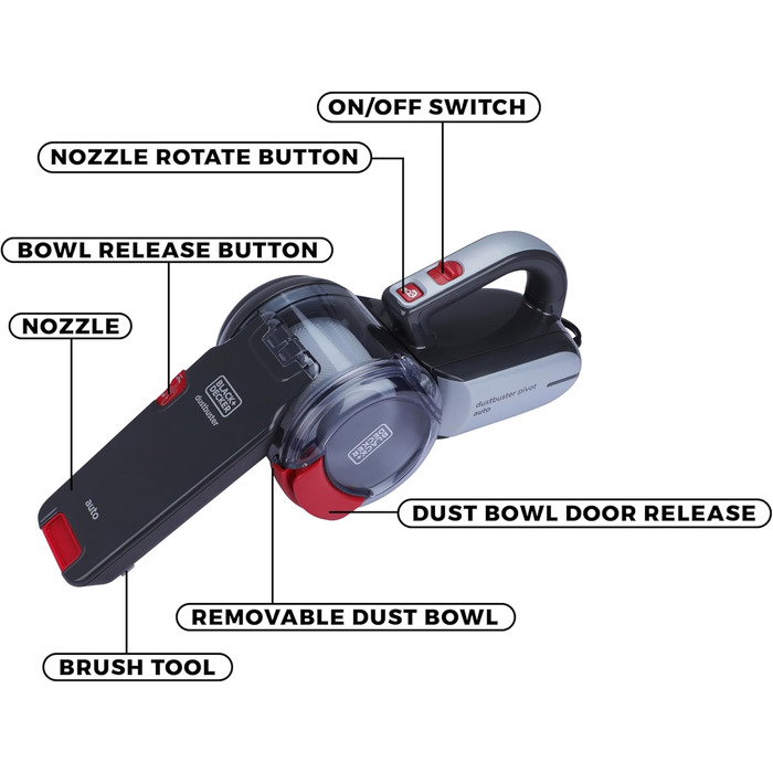 Ручний автомобільний пилосос для автомобільної розетки 12В Dustbuster Pivot PV1200AV з насадкою-щіткою, щілинною насадкою, гнучким