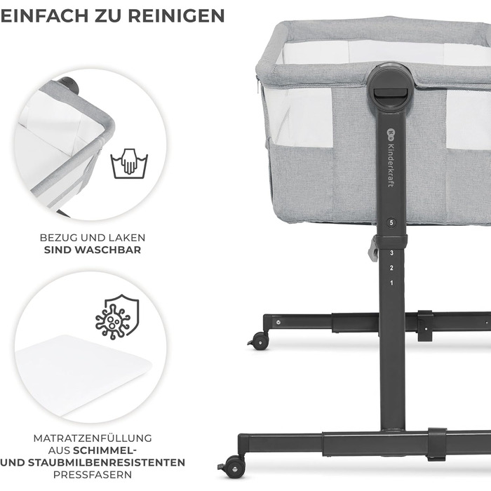 В-1 приліжкове ліжечко, дорожнє ліжечко з матрацом та простирадлом, 5-рівневе регулювання висоти матраца, 4 колеса з гальмами, м&39який матеріал, легка конструкція, сірий Neste Grey, 2 2-