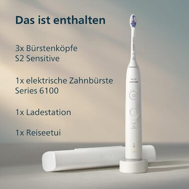 Електрична звукова зубна щітка з 2 режимами чищення, 3 рівнями інтенсивності, датчиком тиску, функцією EasyStart, SmartTimer, дорожнім футляром, білого кольору, модель HX7400/02 Нова технологія, 6100