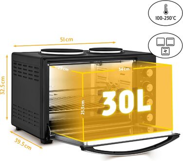 Міні-піч TZS First Austria з конфорками Ємність 30 л 3200 Вт, конвекція, макс. 230C Підходить для кемпінгу, гуртожитків та невеликих кухонь