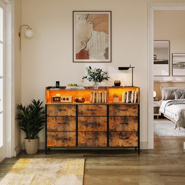 Комод ODK з висувними шухлядами, комод з 2 розетками, 2 USB-портами та 10 кольоровими світлодіодними стрічками, комод з полицею, стільниця з 9 тканинними шухлядами для спальні та вітальні, 130 * 30 * 97 см у ретро-стилі