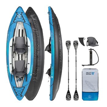 Надувний каяк AQUASTIC Kayak Dolph 11&390&39 для 2 осіб з двома сидіннями, надувним стабілізатором та захисним чохлом 335x96 см. Ідеально підходить для рафтингу та екскурсій. Міцний ПВХ-матеріал.