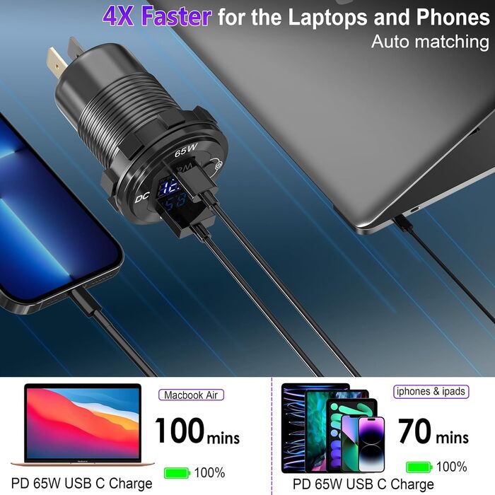 Вт Металева розетка USB C PD 12В автомобільна USB-розетка типу C Вбудована розетка Водонепроникний автомобільний адаптер 12 вольт