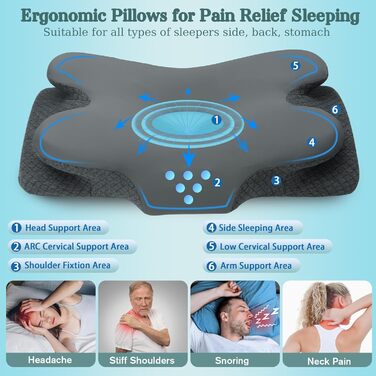 Ортопедична подушка з піни з ефектом пам&39яті для всіх типів сну, подушка для підтримки шиї, ергономічна подушка для сну на боці, оптимальний комфорт при болю в шиї та плечах, темно-сіра, розмір King - 25,2 дюйма завдовжки x 15,7 дюйма завширшки x 5,5 дю