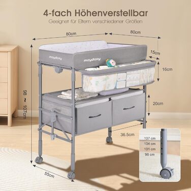 Портативний пеленальний столик Maydolly, багатофункціональний складний пеленальний столик, регульована висота з колесами та 2 кошиками для зберігання, водонепроникна подушка для пеленання, сірий