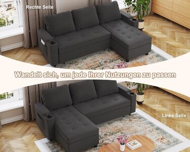 Кутовий диван Devoko зі сном та ящиком для зберігання речей, L-подібний диван, 3-місний розкладний диван-ліжко, лляна кушетка, невеликий розкладний диван для квартири та вітальні, темно-сірий, 200 см - L темно-сірий