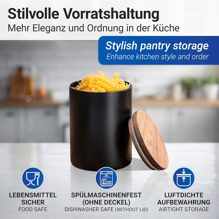 Контейнер для зберігання WENKO Mio, 1,0 л, круглий контейнер з боросилікатного скла з кришкою з акацієвого дерева, герметичне ущільнення завдяки силіконовому кільцю, Ø 11 x 14,5 см, чорний
