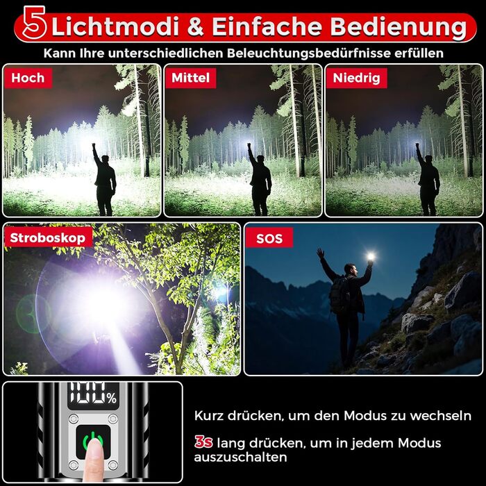 Акумуляторний світлодіодний ліхтарик Shadowhawk 500000 люмен - дальність до 1000 м, 24 години роботи від 2 батарейок, РК-дисплей відсотків, тактичний ліхтарик, надзвичайно яскравий ліхтарик для кемпінгу, походів, активного відпочинку на свіжому повітрі, 1