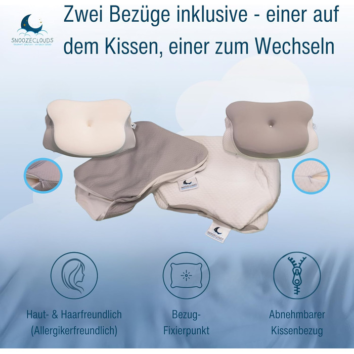 Ергономічна подушка - Ортопедична подушка для шиї з піни з ефектом пам&39яті - Подушка для сну на боці з 2 чохлами - Регульована висота - Сертифікована - Підтримує біль у шиї - Сірий/Білий