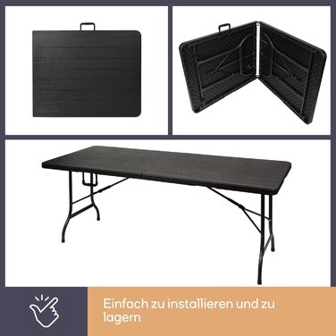 Складаний стіл Perel, фуршетний стіл, кемпінговий стіл, стіл для пікніка, чорний дерев&39яний вигляд, складаний та портативний з ручкою, стільниця з HDPE та сталевий каркас, 180 x 75 x 72 см, для використання в приміщенні та на вулиці