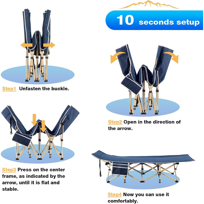 Розкладне похідне ліжко Overmont - Кемпінгове ліжко 190 x 71 x 36 см - Вантажопідйомність до 250 кг - Тканина Оксфорд 2400D з бічною кишенею та сумкою для перенесення для кемпінгу, саду, офісу, синього кольору, з матрацом ()