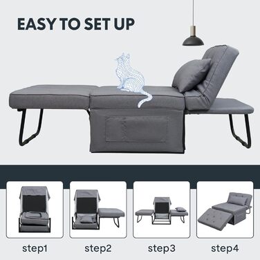 Крісло FLEXISPOT Крісло для вітальні з пуфом для ніг Розкладне крісло-ліжко з функцією ліжка Трансформоване крісло-ліжко Розсувне крісло-ліжко Вантажопідйомність до 300 кг, Сірий, 91 * 69 * 35 см Темно-сірий (Маленький)