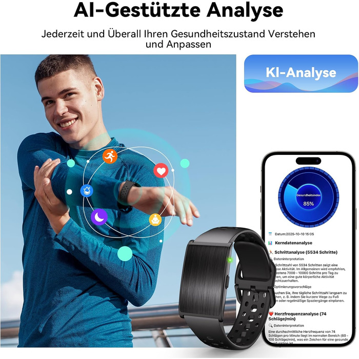Фітнес-трекер для чоловіків та жінок без дисплея, смарт-браслет, цілодобовий відстежувач активності та сну з аналізом серцевого ритму та штучним інтелектом, 60-денний час роботи від батареї, понад 170 спортивних режимів, без підписки, чорний