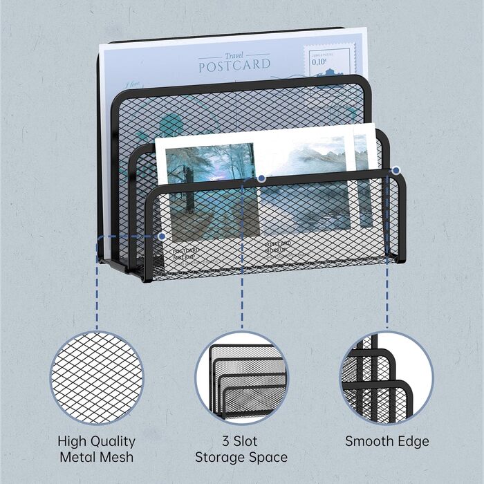 Тримач для листів SUPEASY з 3 відділеннями - металевий сітчастий тримач для документів для столу, настільний тримач для пошти та лоток для листів (чорний)