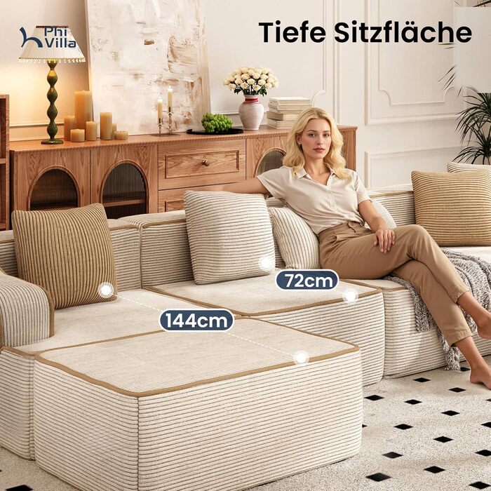 Кутовий диван PHI VILLA зі сном, Cloud, безкістковий диван, 5-місний L-подібний модульний диван для вітальні, вельвет, не потребує складання, бежевий, 5-місний, бежевий