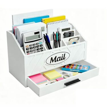 Дерев&39яний настільний органайзер для пошти, робочий органайзер для пошти з 6 відділеннями та шухлядою для офісу, школи, рахунків та документів, білий дерев&39яний настільний органайзер