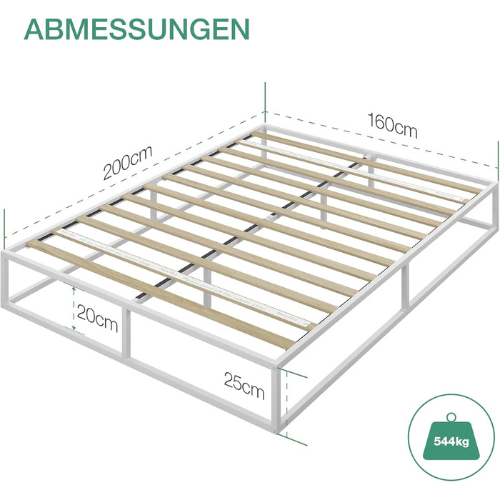 Каркас ліжка Novilla 160 x 200 см, висота каркаса ліжка 25 см, каркаси ліжка з рейковою основою, дерев&39яна рейкова опора, місце для зберігання під ліжком, білий 160 x 200