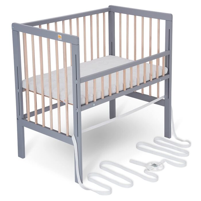 Дитяче ліжечко FabiMax Baby Bed Spring Bed, сертифіковане TV 2022, масив бука сірого/натурального кольору, вкл. комфортний матрац (без бортика)