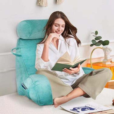 Подушка для читання MINGPINHUIUS XL для ліжка та дивана зі знімним валиком для шиї, ідеальна подушка для спини дорослих з піною з ефектом пам&39яті для комфортного читання, роботи, гри, перегляду телевізора, відпочинку (синя)