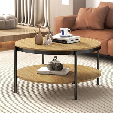 Круглий дерев&39яний журнальний столик Manora, маленький круглий столик для вітальні 80 см, диван-столик з 2 рівнями зберігання, під дуб, металеві ніжки зі сталевим каркасом (світлий дуб), сучасний дуб