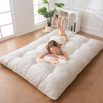 Матрац MAXYOYO футон, тканина шенил, товщина 15 см, може використовуватися як диван-ліжко, виготовлений на ґудзиках, складний гостьовий матрац для вітальні/спальні, кремовий, 135 x 200 см