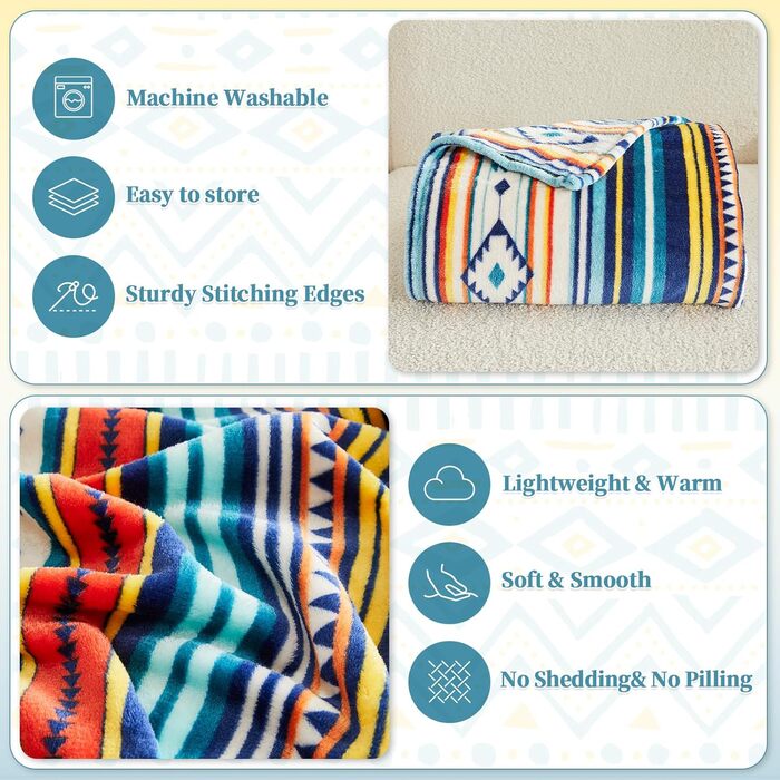 М&39яка ковдра Qucover 150x200, плед у стилі бохо з різнокольоровими смужками, м&39який, теплий вовняний плед, пухнастий плед для дивана для подорожей, кемпінгу та використання на свіжому повітрі. Висока щільність тканини 260 г/м, 150x200 см