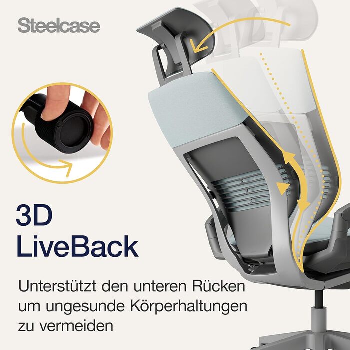 Ергономічне офісне крісло Steelcase Gesture з підлокітниками на 360, 3D-функцією поперекової підтримки Live Back, регульованим підголівником, Storm Horizon, 66 x 62,5 x 107 см, Storm Horizon з підголівником