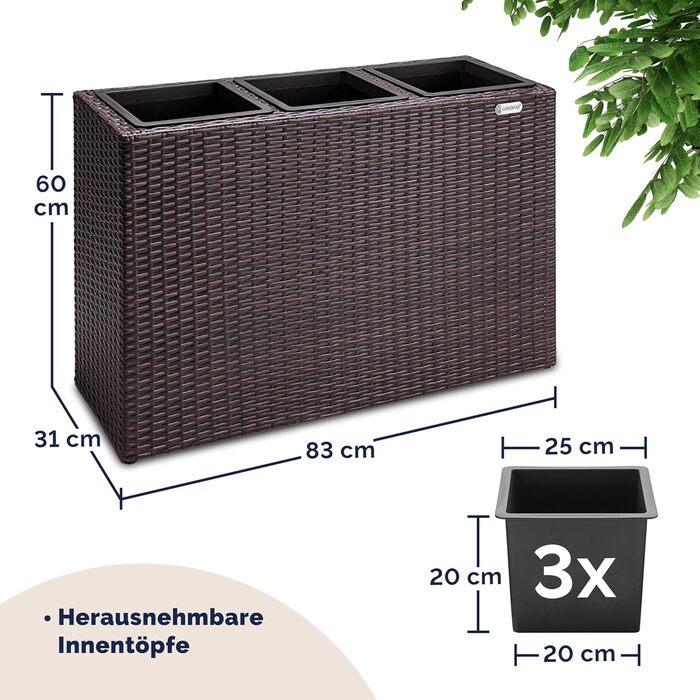 Квітковий ящик Casaria з 3 внутрішніми горщиками, поліратан, знімний, дренаж води, для зовнішнього використання, прямокутний, кашпо, квітковий горщик, піднята грядка, горщик для рослин, коричневий