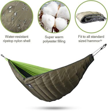 Гамак Underquilt Килимок для сну Underkilt Вуличний, Надлегкий бавовняний Зимовий спальний мішок Зима -10-0 градусів для гамаків Ізоляція Легкий Піший Туризм Кемпінг Зелений (250 130 см)