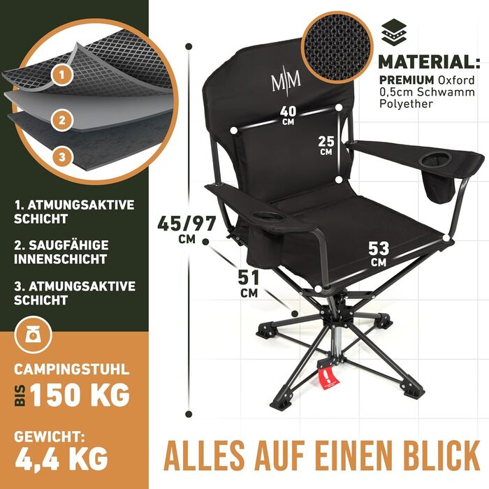 Складаний кемпінговий стілець, чорний, до 150 кг, із задньою кишенею для подушки або грілкової пляшки, обертається на 360