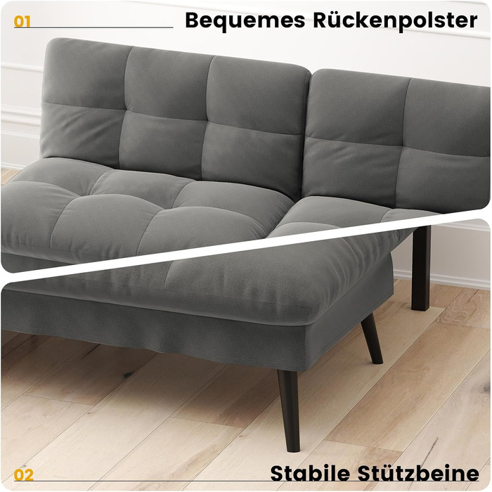 Місний диван-ліжко з функцією сну, чохол, футон, розкладний диван, кушетка-ліжко, кутовий диван, 5 регульованих кутів, ідеально підходить для квартир та віталень, тканина сірого кольору, 3-