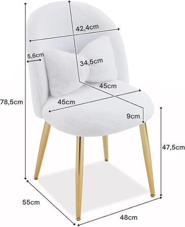 Крісло-туалет, крісло для вітальні, крісло для читання, з регульованими золотими ніжками та подушкою-бантом, імітація кролячого хутра (білий)