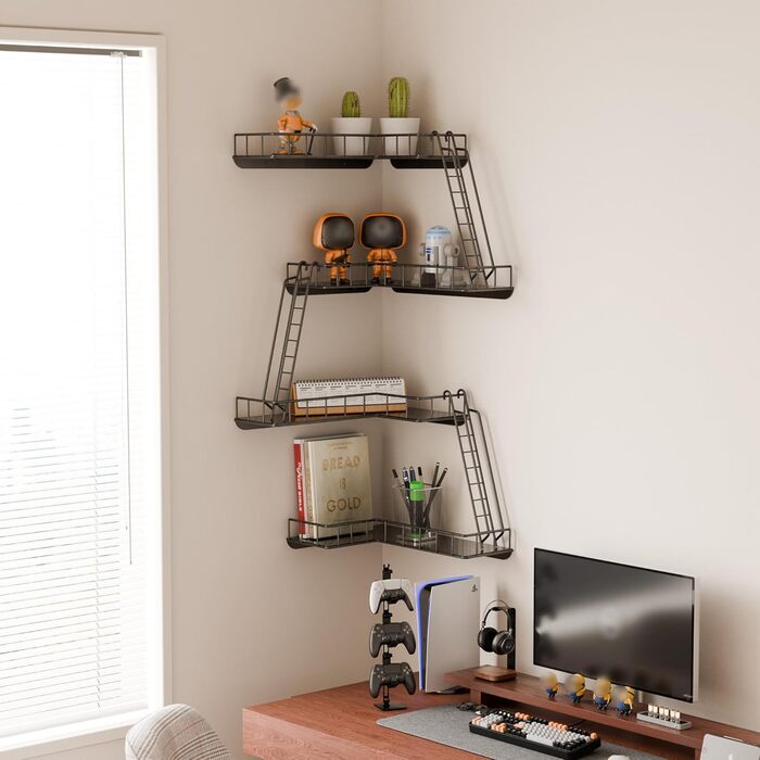 Настінна полиця для пожежної сходи сучасна 4-рівнева кутова настінна полиця, металева полиця-драбина для фігурок, декоративні полиці Нью-Йорк для вітальні, ванної кімнати та 4-рівнева настінна полиця для пожежної сходи A.black