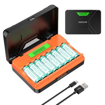 Швидкий зарядний пристрій ENEGON на 8 батарейок типу AA/AAA з РК-дисплеєм 8 нікель-металгідридних батарей типу AA (2400 мАг), зарядна станція USB-C з відділенням для іграшок, мишей та електроніки