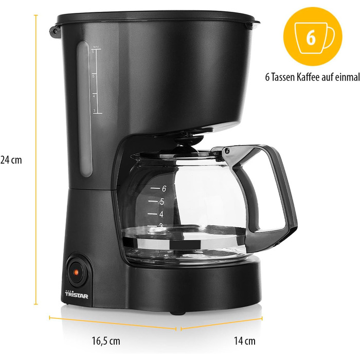Кавоварка Tristar, місткість 6 чашок, 600 Вт, функція підтримки тепла, автоматичне вимикання, постійний фільтр, система проти крапель, компактна та портативна, легко миється, CM-1246