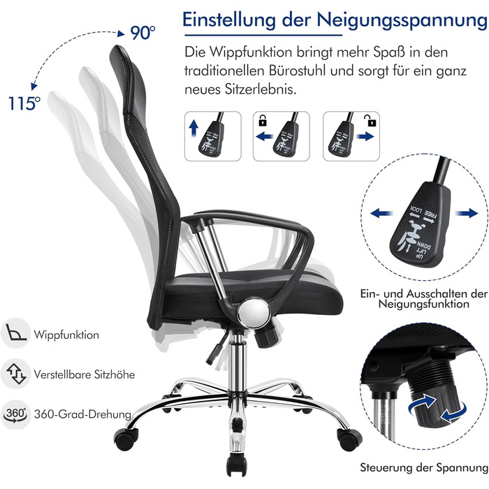 Офісний стілець Yaheetech, ергономічний стілець для роботи з високою спинкою, обертовий стілець, регульована висота з м&39яким сидінням, вантажопідйомність до 135 кг, сітка, чорний