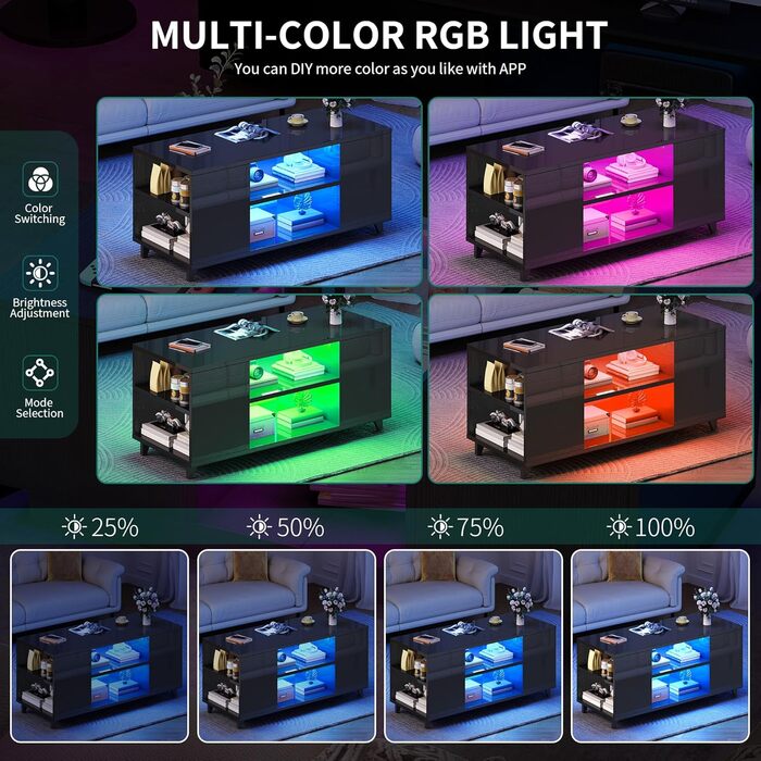 Журнальний столик YITAHOME, чорний глянцевий, сучасний стіл для вітальні з 16-кольоровим світлодіодним підсвічуванням, приставний столик до дивана з регульованою полицею, 97,5 x 48 x 45 см, чорний, без шухляд