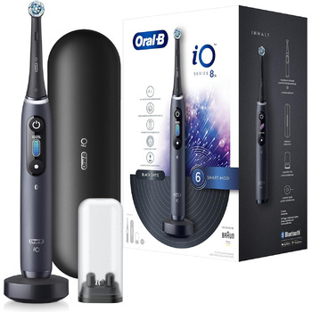 Електрична зубна щітка Oral-B iO Series 8, 6 режимів чищення зубів, магнітна технологія, кольоровий дисплей і дорожній футляр, чорний онікс