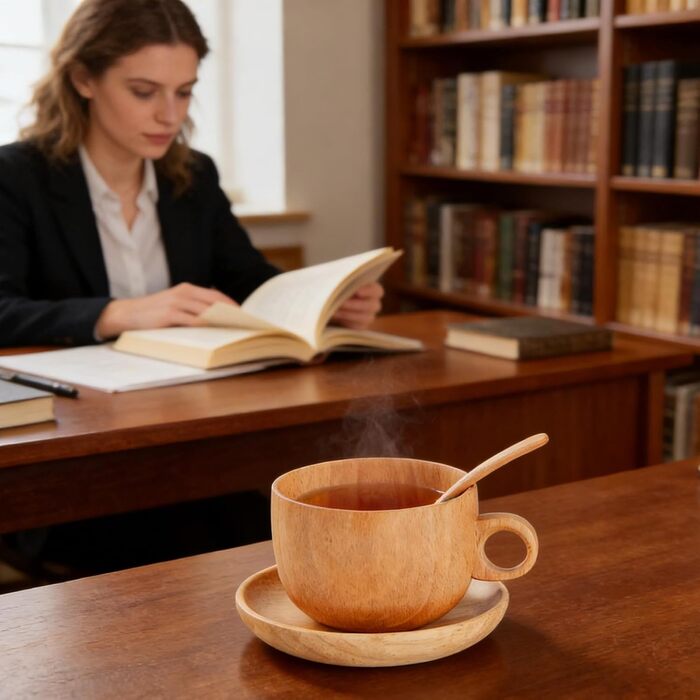 Дерев&39яна кавова чашка - 290 мл дерев&39яний натуральний посуд для напоїв з ложкою Кавові чашки з блюдцями, для гольфу, зимового двору, внутрішнього двору, відкритого саду, парку, дому, пікніка, кемпінгу, вечірки, віскі, пива