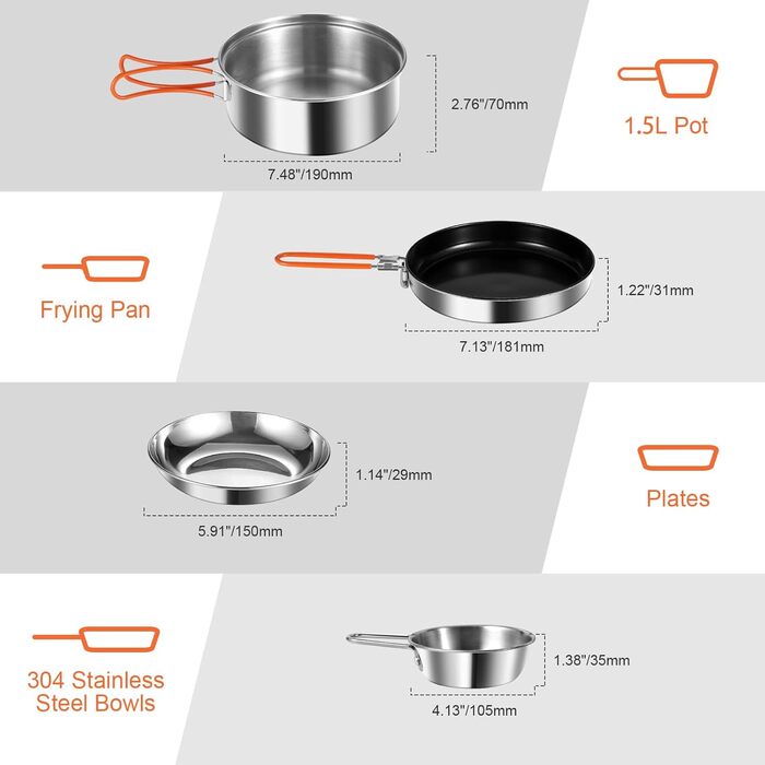 Набір посуду для кемпінгу Odoland, набір для приготування їжі з нержавіючої сталі з антипригарним покриттям, що включає тарілки, миски, виделки, ножі та ложки для походів, кемпінгу, піших прогулянок та пікніків. 15-предметний набір посуду для кемпінгу з н
