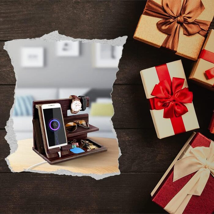 Подарунки для чоловіків, Різдво, дерев&39яна док-станція для телефону, гаманець для годинника, органайзер для тумбочки, подарунок на день народження тата, подарунки на день народження для чоловіків або тата, дерев&39яний органайзер для столу, коричневий